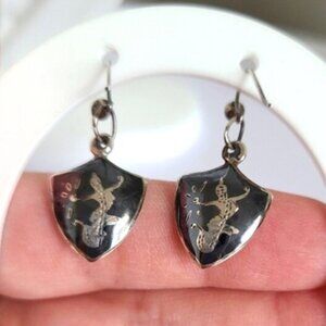 Vintage Boho Native Nielloware Sterling Silver Tribal Drop Dangle Earrings